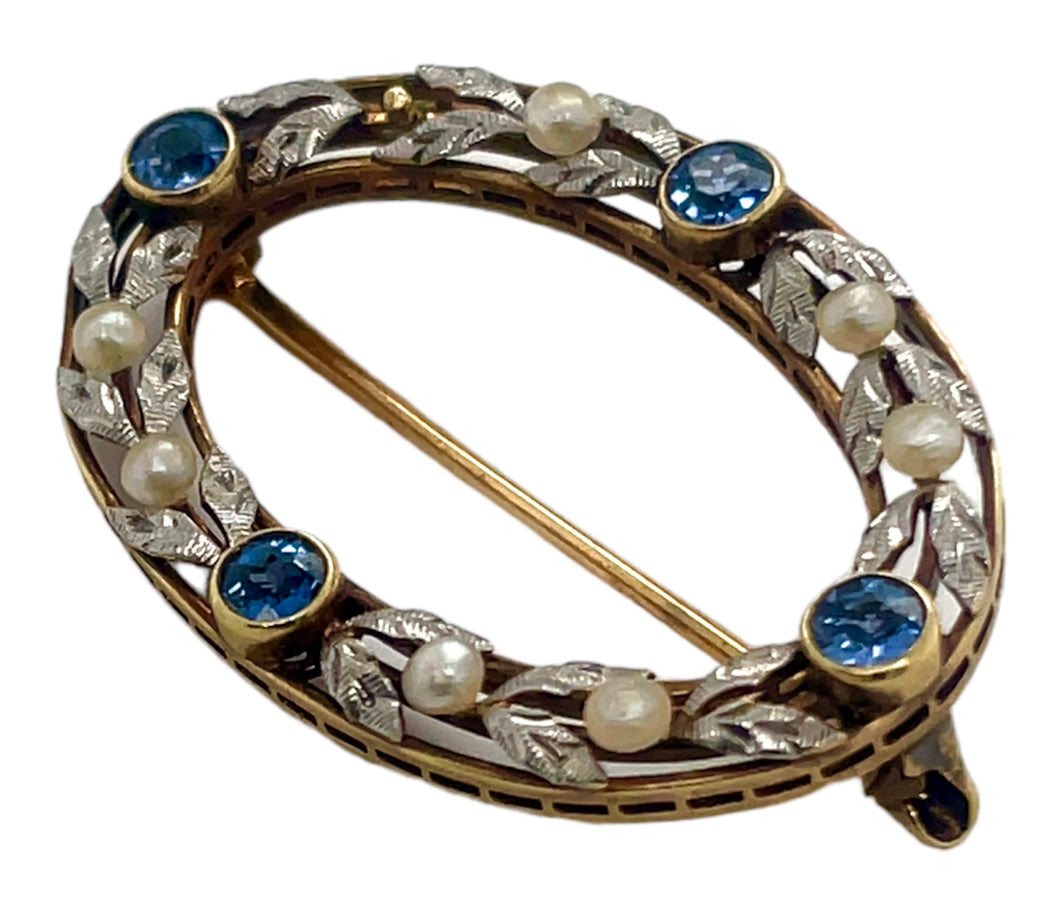 Estate Sapphire Vintage Brooch 14k White and yellow Two-Tone