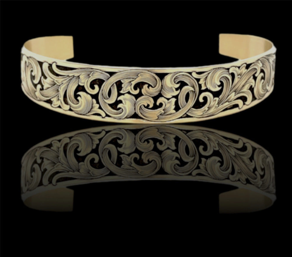 Hand engraved cuff bracelet 14k yellow gold